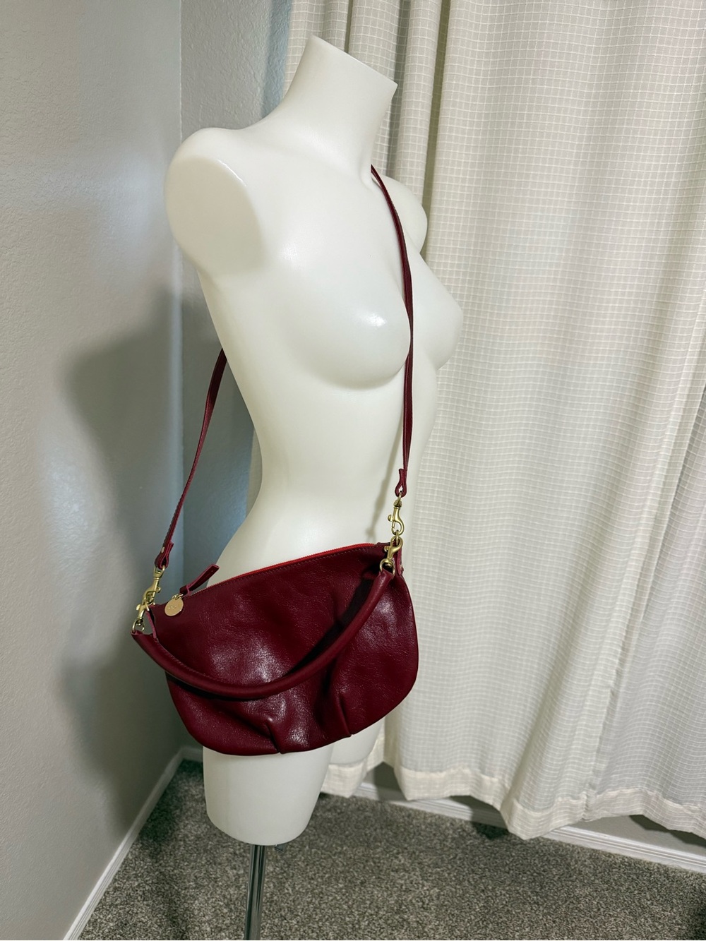 Clare V. Petite Moyen Deep Red Leather Crossbody Bag with Gold Hardware